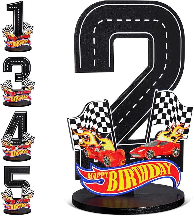 Race Car 2nd Birthday Number Sign Centerpiece Race Car Theme 2nd Birthday Party Supplies Wooden Table Decoration Photo Props for Boys Two Years Old