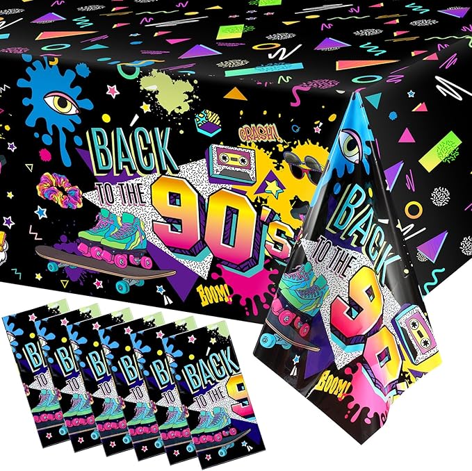 Tegeme 6 Pcs 90s Plastic Party Table Cover Back to The 90's Tablecloth 90s Birthday Party Decoration The 90's Hip Hop Supplies Throwback Birthday Decor for Room Kitchen 54 x 108 Inch