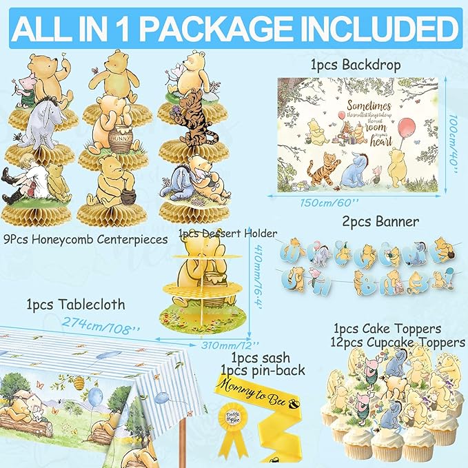 Classic Winnie Baby Shower Decorations Kit, All-in-1 Vintage Winnie Party Supplies Decorations, Classic The Pooh Backdrop Cake Topper, Winnie Baby Tablecloth Honeycomb Decorations for Baby Shower