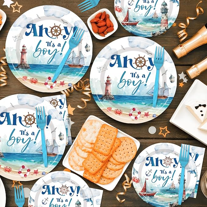 Ahoy Its a Boy Baby Shower - Nautical Themed Plates and Napkins Party Supplies Ahoy Nautical Boy Baby Shower Party Decorations Paper Disposable Tableware Set Serve 24 Guests