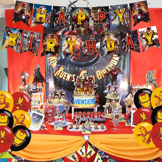 𝓘𝓻𝓸𝓷 𝓜𝓪𝓷 Birthday Party Decorations,Iron Hero Party Supplies Includes Cartoon Iron Hero Birthday Banner Balloons Cupcake Toppers Cake Topper Party Favors