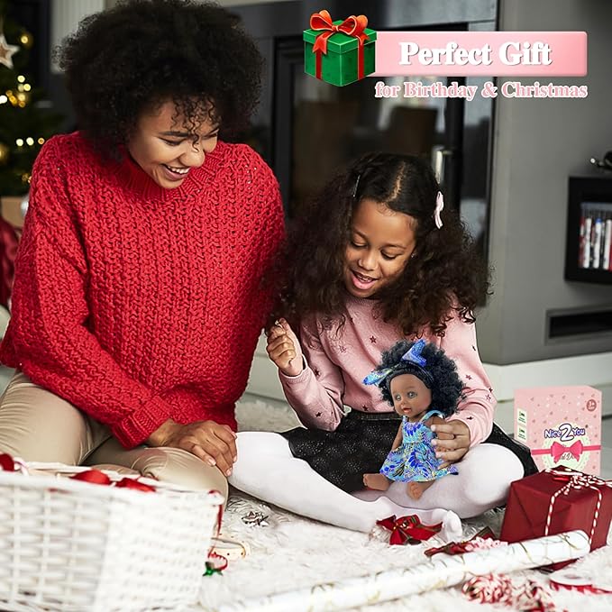 Nice2you Black Baby Doll for Girl, 10 inch African American Black Doll with Dress, Reborn Realistic Baby Doll for Kids Aged 1 2 3 4 5, Small Silicone Black Doll Toy with Curly Hair for Birthday
