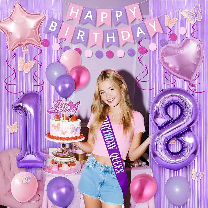 18th Purple Birthday Decorations for Girls, Pink and Purple Happy 18 Birthday Party Decorations with Happy Birthday Banner, Number Foil Balloons, Butterfly Cake Topper for 18th Party Supplies