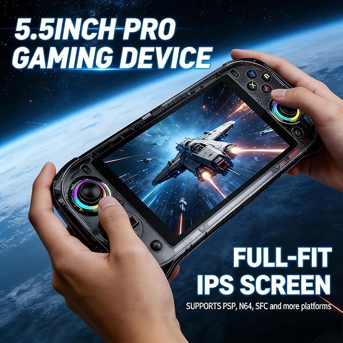 5.5"HD Android Retro Handheld Game Console,Dual Hall Joystick,RGB Lighting,Support most Emulators & 20000+ Games,Portable Ergonomic Design,Global Online Multiplayer,Best Value below Triple Digit Line