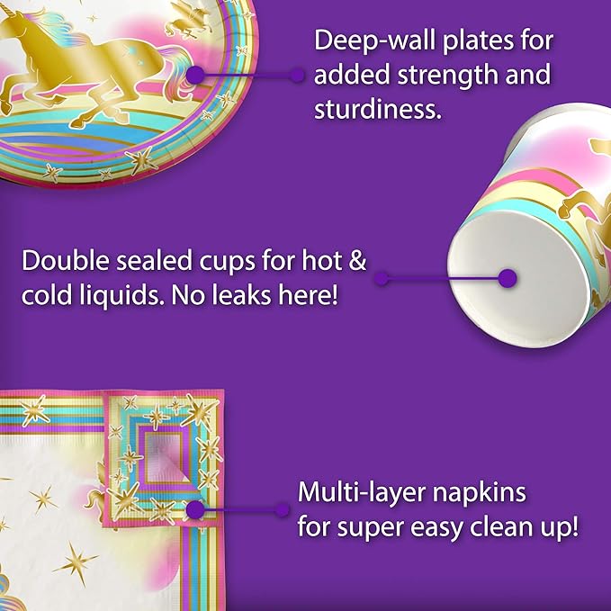 Gold Rainbow Unicorn Pegasus Birthday Party Supplies Set Plates Napkins Cups Tableware Kit for 16