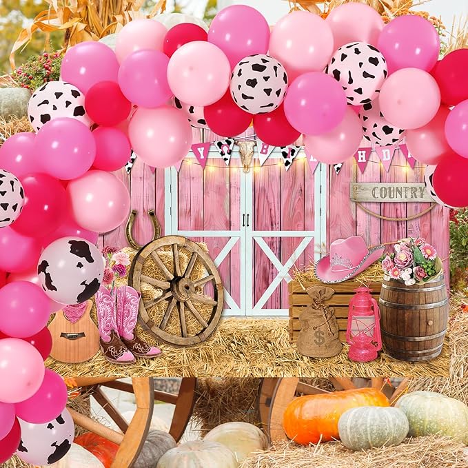 Cowgirl Birthday Party Supplies Western Party Decorations Includes 65pcs Cowgirl Balloons and 1pcs Western Backdrop for Cowboy Rodeo Birthday Country Decorations Supplies(Pink)