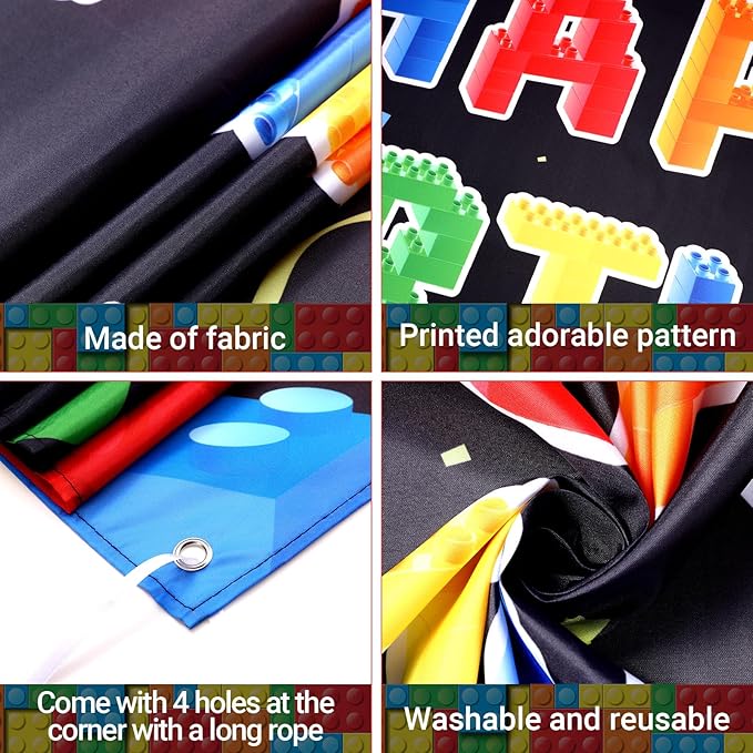 Panelee Building Block Birthday Banner Building Blocks Party Backdrop Decoration Happy Birthday Banner Photography Background for Party, 72.8 x 43.3 Inch (Black,4th)