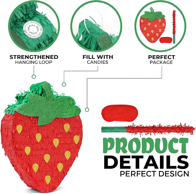 Strawberry Pinatas Bundle with a Blindfold and a Bat(16.5 x 12 x 3.5 Inches), Perfect for kid's Birthday Parties, Fruit Theme Parties, Decorations