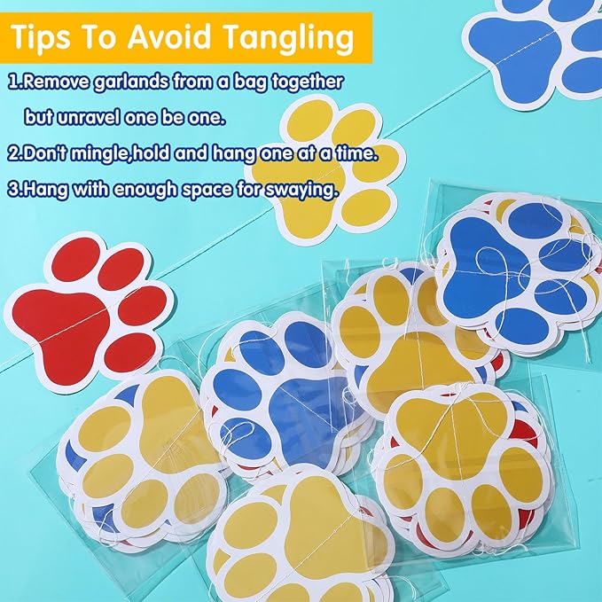 Duraaamo 8 Packs Dog Party Banner Decorations red Blue Paw Print Paper Garland Dog Birthday Paper Hanging Cutouts Colorful Paw Banners for Lets Pawty Pet Birthday Party Supplies Decor (Bright Paws)
