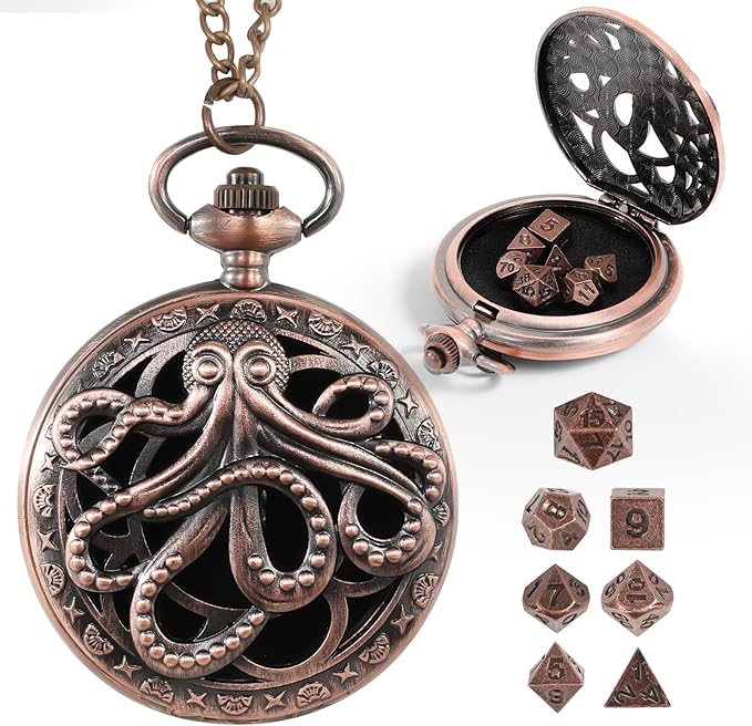 D&D Dice Set,7PCS Metal Dice for Dungeons and Dragons,Mini Dice Set with Pocket Watch Case,Role Playing Board Games Accessories (Octopus, Copper)