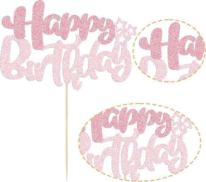 Ephlyn 1Pcs Happy Birthday Cake Topper Glitter Happy Birthday Cake Pick Decorations for Celebrating Happy Birthday Anniversary Theme Party Cake Decorations Supplies Pink Light Pink