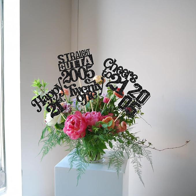 Gyufise 15Pcs Happy 21st Birthday Centerpiece Sticks Twenty One Straight Outta 2005 Table Flower Centerpieces Sticks for Cheers to 21st Birthday Party Supplies Black