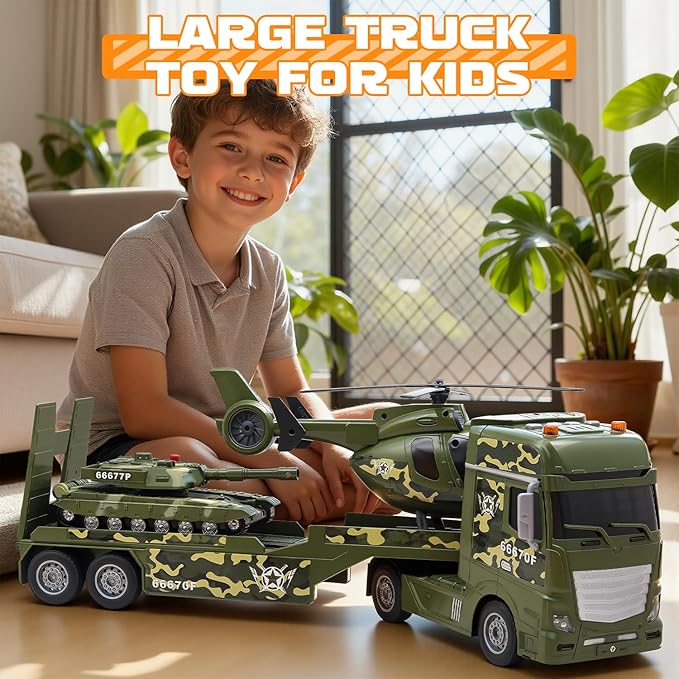 Green Military Large Truck Toys,21" Semi Army Truck Toy with Helicopters & Tank, Friction Powered Vehicles with Lights and Sounds,Christmas Birthday Gift for Kids Boys Girls Toddlers 3 4 5 6 7