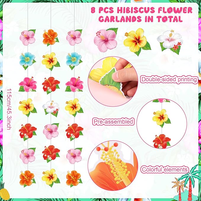 8 Pcs Hawaiian Luau Party Decorations Hibiscus Flower Birthday Hanging Garlands Banner Tropical Hawaiian Paper Cutouts Streamer for Wall Ceiling Decor Summer Aloha Beach Pool Party Supplies