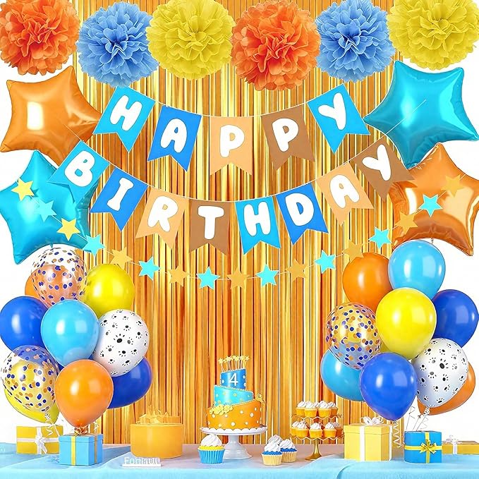 Blue and Orange Birthday Supplies,Boy Birthday Decorations,Blue Navy Brown Tan Orange Banner, Fringe Curtain,Tissue Paper Pompoms,Dog Balloons,Pom Poms Backdrop