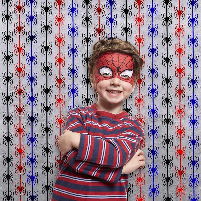 Spider Web Birthday Decorations,2 Pack Red Black and Blue Spider Birthday Party Supplies 3.3 x 6.6ft Tinsel Foil Fringe Curtains Photo Booth Props Backdrop Streamers, House Room Decor for Boys