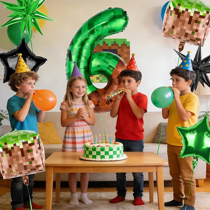 40 Inch Green Pixel Miner Number 6 Balloon Set, 7Pcs MIning Large Foil Balloon Video Game Themed Party Party Decorations for Kids' Anniversary Balloon Party Supplies Supplies