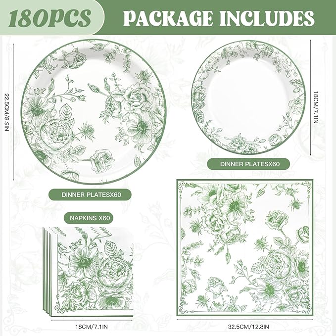 180pcs Sage Green Floral Plates and Napkins Set,Sage Green Party Decorations for Bridal Baby Shower Wedding Tea Party Supplies,Serve 60 Guests