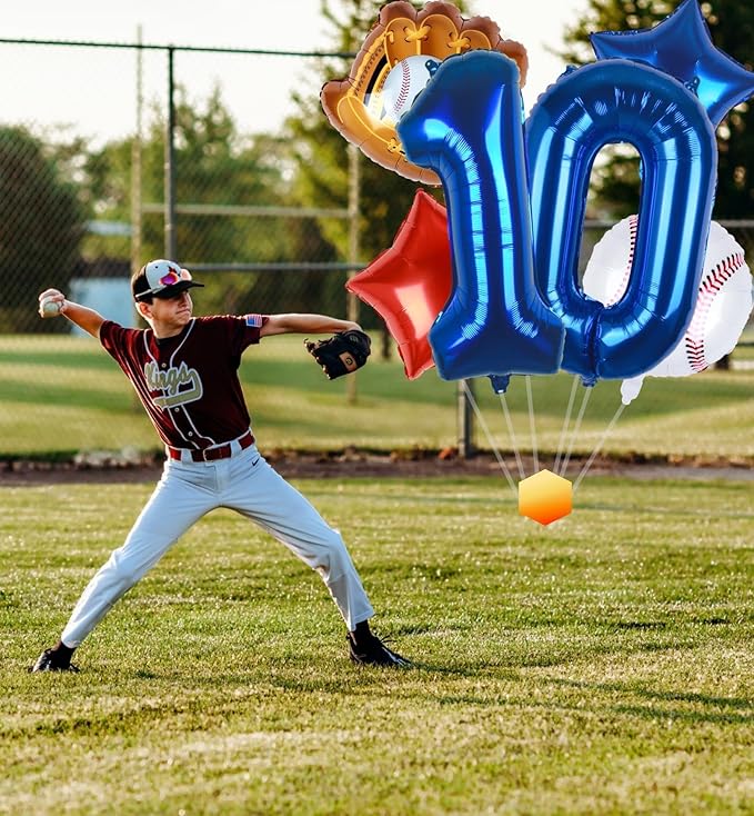 Baseball Balloons 10th Birthday Decorations for Boys | Baseball Birthday Decoration Sports Theme Party Supplies, 32Inch Foil Mylar Number 10 Balloon Navy Blue Red White Sports Balloon Arch Kits