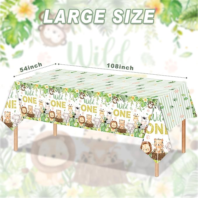 3PCS Wild One Tablecloths for Boys Baby Kids 1st First Birthday Party Jungle Animal Themed Table Cloths Safari Baby Shower Decorations Table Cover Party Supplies -54x108in