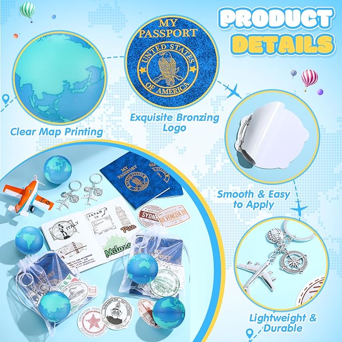Maitys 144 Pcs Travel Party Earth Stress Balls, Airplane Keychain, Passport Book with Assorted Travel Stickers for Scrapbooks, Organza Bags for Adults Adventure Theme Party Supplies