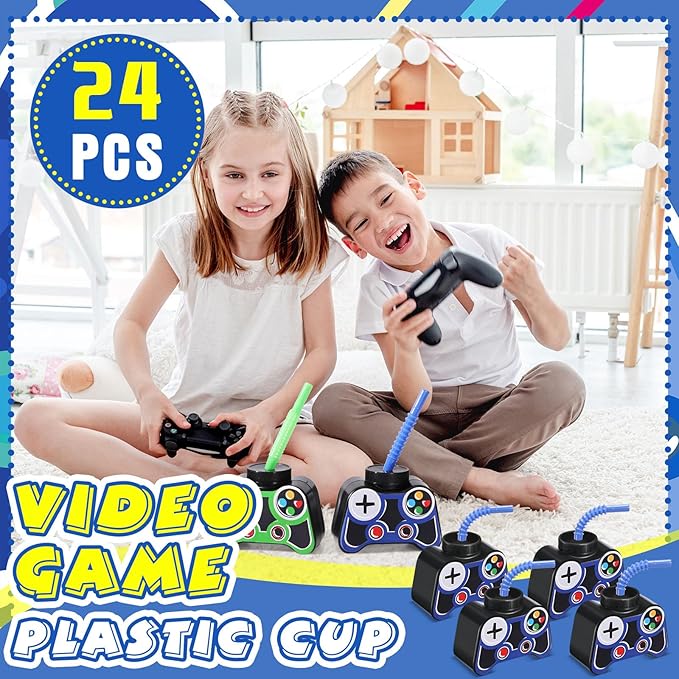 Mifoci 24 Pcs Plastic Video Game Party Cups with Straw and Lid 10oz Gamer Birthday Themed Drink Cups 7th Video Game Party Favors for Kids Toddlers Gamer Birthday Supplies (Blue)