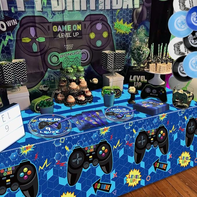 81 Pcs Video Game Party Supplies - 9th Birthday Video Game Party Decor Dinner Plates Napkins Video Game Tablecloth Forks Gaming Party Pack for Kid Boy 9th Birthday Party, Serves 20 (9th)