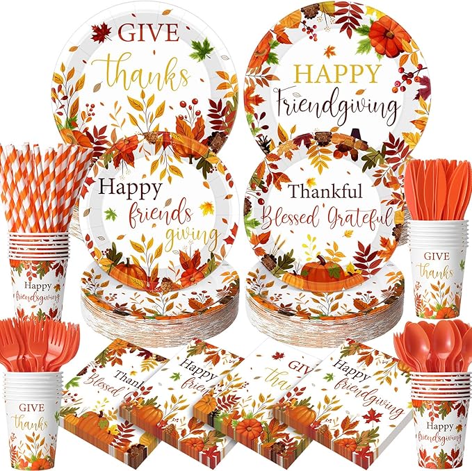 450 Pcs Happy Friendsgiving Tableware Set Decorations, Fall Thanksgiving Pattern Paper Plates Napkins Cups Cutlery Straws for Autumn Harvest Friendsgiving Dinner Party Supplies, Serves 50
