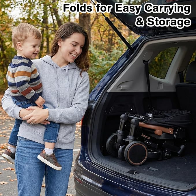 INFANS 9-in-1 Foldable Toddlers Tricycle, Converts Stroller to Balance Bike with Adjustable Push Handle, Canopy & Backrest, Pedal Conversion, Retractable Rear Wheels for 1-6 Years (Black)