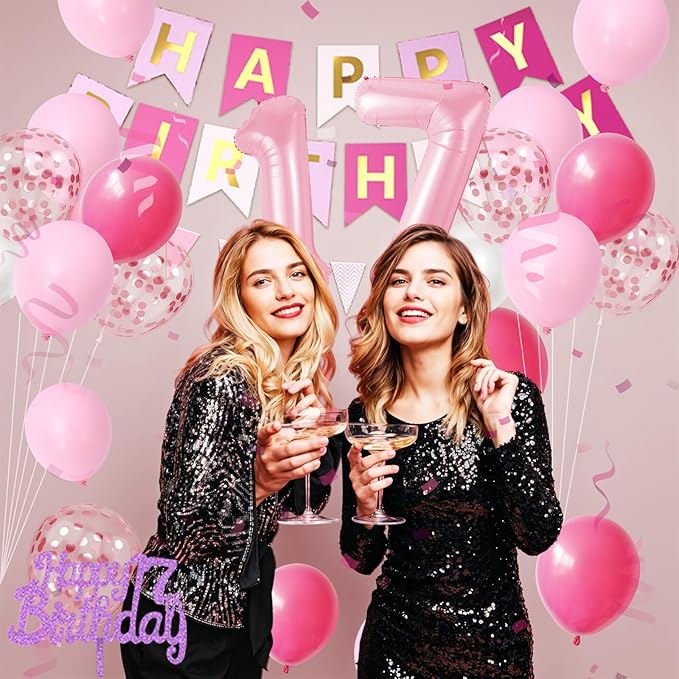 17th pink Birthday Decorations, Happy Birthday Party Decorations with Number 17 Balloons Hot Pink Pearl White macaron pink Balloons Fringe Curtain Banner Cake Topper For 17th Party Supplies