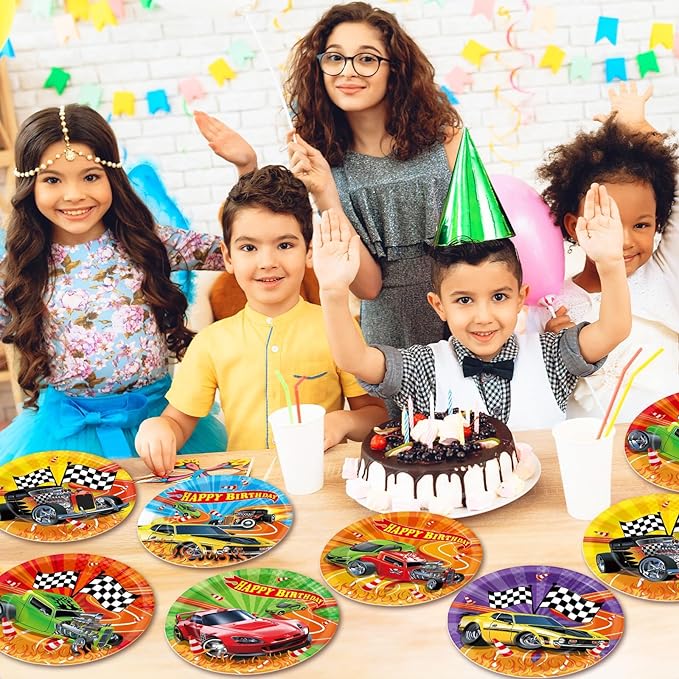 60Pcs Hot Car Birthday Party Supplies Colorful Racing Cars Plates Race Car Tableware Party Decorations for Kids Boys Baby Shower Hot Car Wild Racer Dinnerware Favors for 60 Guest