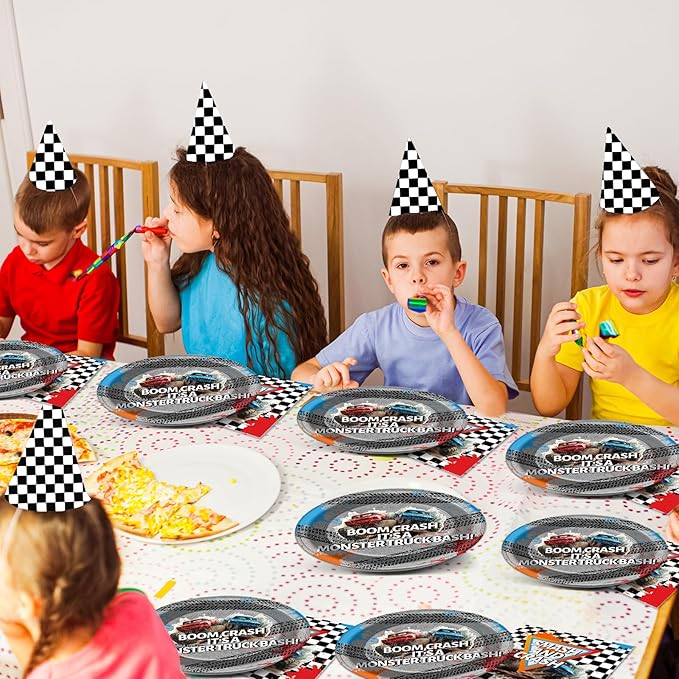 CHUNNIN 50Pcs Monster Truck Party Plates and Napkins Racing Car Party Decorations Monster Truck Disposable Race Car Tableware Set Serves 25 Guest Dinnerware Kids Boys Birthday Baby Shower Supplies
