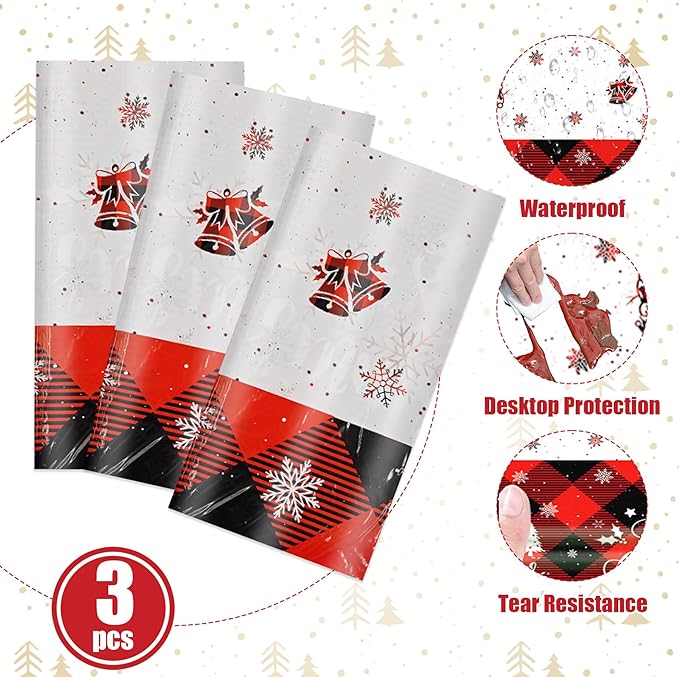 3Pcs Christmas Buffalo Plaid Snowflake Tablecloth, 51 x 86 Inch Red and Black Checkered Plastic Table Cover for Winter Holiday, New Year, Christmas Party Decorations