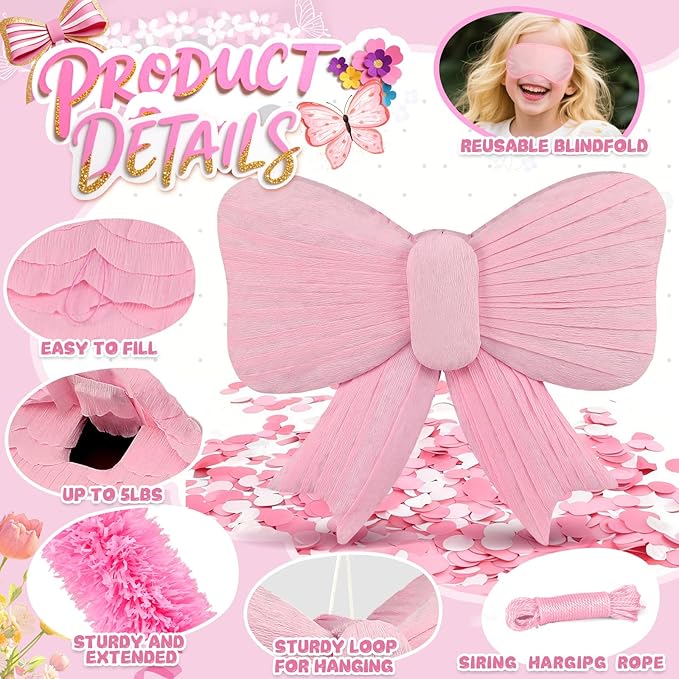 Pink Bow Piñata - Pink Pinata with Blindfold, Bat, Rope for Princess Party Supplies, Girls Kids Birthday Party Decorations