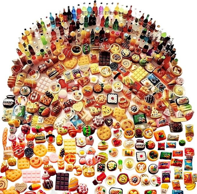 250Pcs Mini Food Miniatures Food Drinks Bottles Toys Doll House Accessories 1:12 Playset Kitchen Game Pretend Play Party Mini Things Stuff Tiny Baking Micro Hamburger Ice Cream Cake Bread