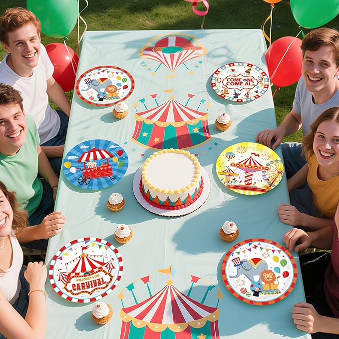 60Pcs Circus Paper Plates 9" Heavy Duty Disposable Carnival Circus Dessert Plates Circus Theme Party Decoration for Kids Boys Girls Birthday Baby Shower Festive Party Supplies