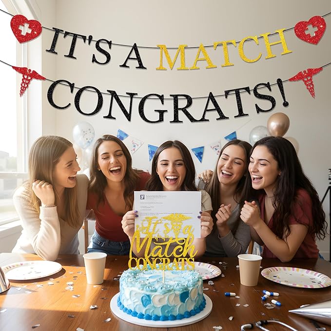 Rakuto Happy Match Day Party Decorations, 3PCS It's a Match Congrats Pre-Strung Banners Party Decorations, Medical School Graduation Cake Toppers Birthday Decor Supplies for Congrats Doctor