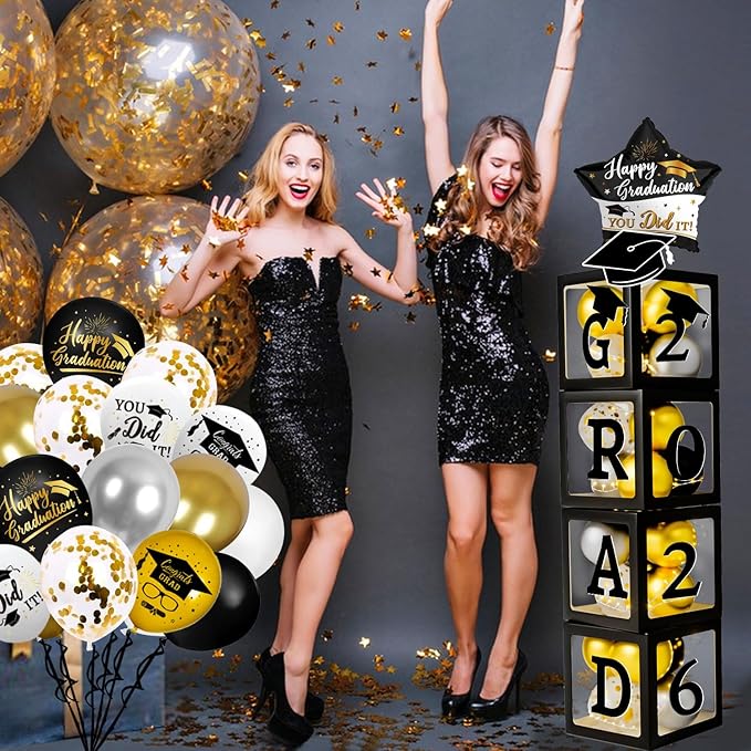 Graduation Decorations Class of 2026 - Black and Gold Graduation Decorations - Balloons Boxes with Letters 2026 GRAD So Proud of You, Congrats Grad Party Decorations for Any Grades