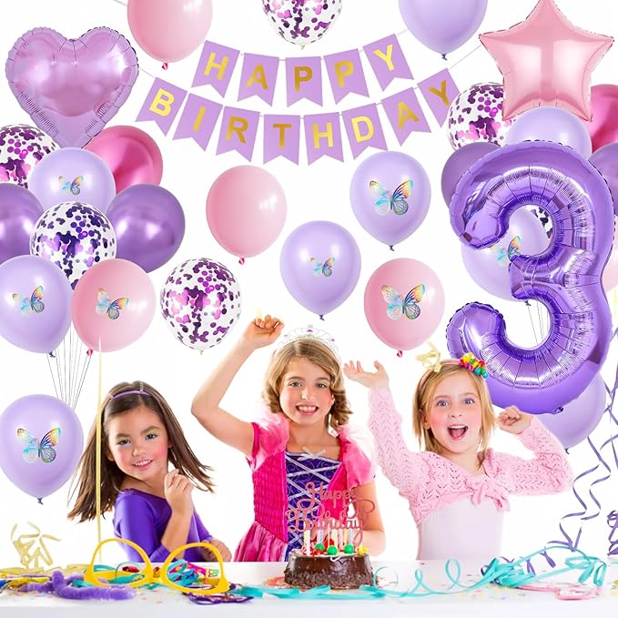 3rd Birthday Decoration for Girls,Pink Purple 3rd Birthday Balloon Number 3 Balloon with Butterfly Stickers Star Heart Foil Balloons Banner Princess Party Decoration for 3 Year Old Party