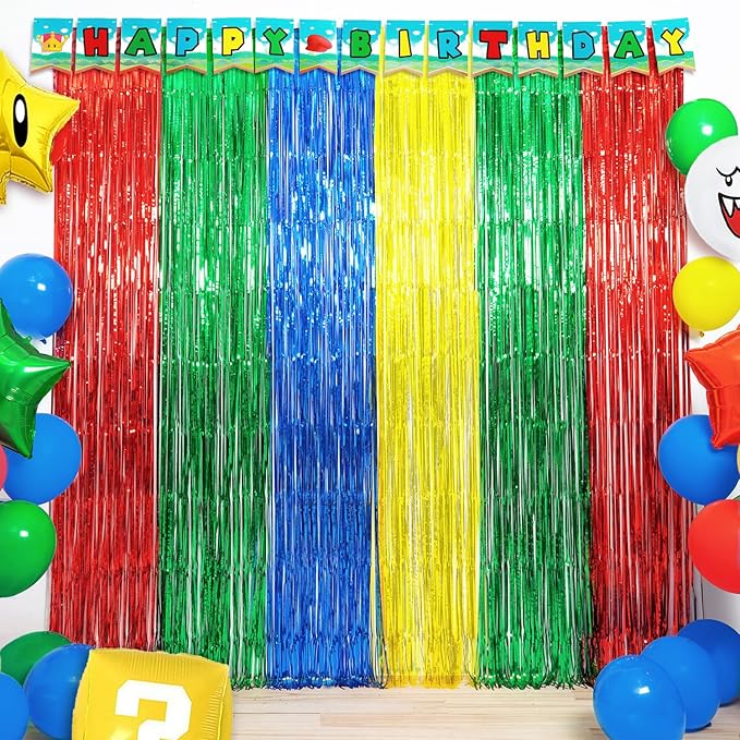 Super Bros Birthday Party Decoration, Including 2Pack Red Green Blue Yellow Foil Fringe Curtains, 1pc Mario Themed Birthday Banner & 22pcs Balloons for Video Game Mario Theme Birthday Party Supplies