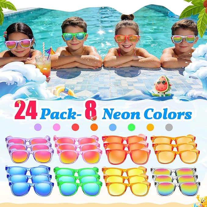 24 Pack Kids Sunglasses Bluk Party Favors - Goodie Bags Stuffers for Children Age 3-8,Boy Girl Neon Glasses with UV400 Protection,Birthday Classroom Graduation Gift,Pool Beach Party Supplies - nylytek
