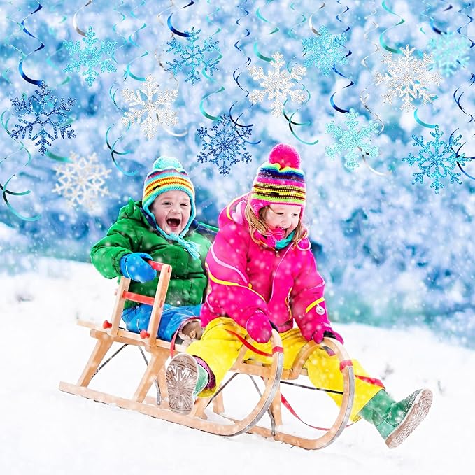Sumind 30 Pcs Winter Party Wonderland Decorations Snowflake Hanging Swirls Ceiling Decor Winter Baby Shower Streamers Christmas Hanging Decor Holiday Birthday Wedding Party Supplies(Blue, Silver)