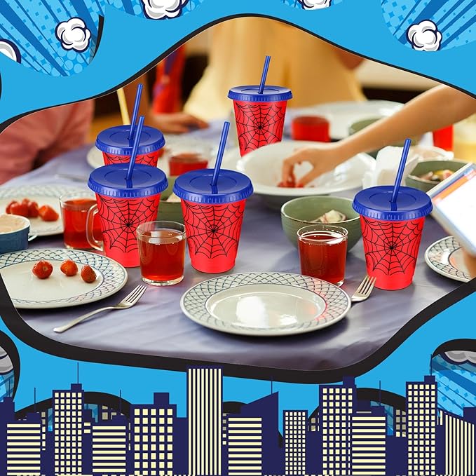 12 Pcs 16 oz Spider Cups Bulk, Spider Birthday Party Favors Cups with Lids and Straws, Plastic Cup for Birthday Party Decorations Celebration Birthdayy Partty Favor Supplies for Friends
