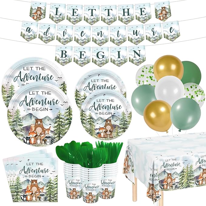 231pcs Let The Adventure Begin Party Supplies Baby Shower Plates Napkins Adventure Tableware Set Disposable Cups Forks Tablecloth Banner and Balloons for Baby Shower Party Decorations Serve 24