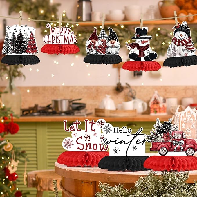 Horaldaily 9PCS Christmas Party Table Decoration Centerpieces, Merry Christmas Snowman Gnome Truck Honeycomb Centerpieces Table Toppers for Christmas Themed Birthday Party
