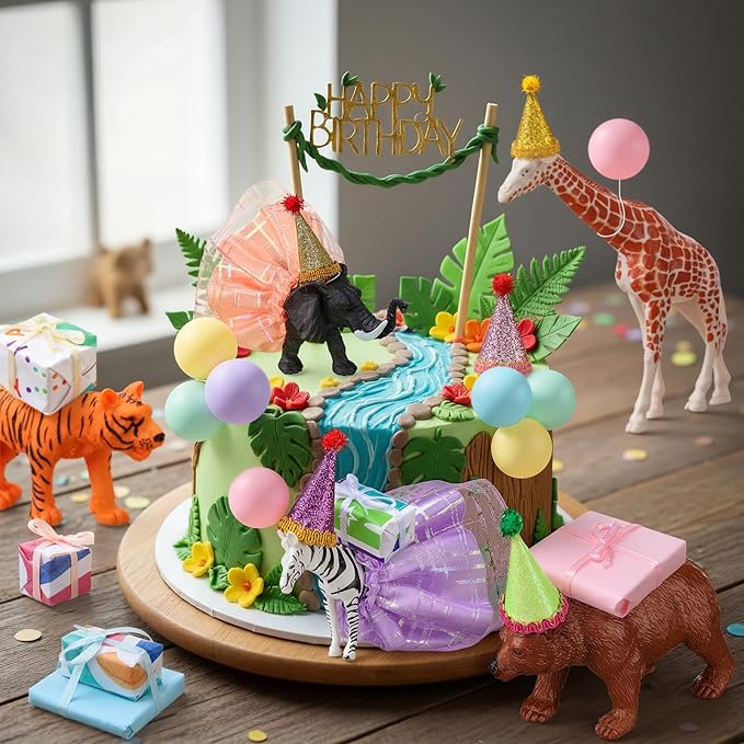 Weysat 41 Pcs Jungle Animals Cake Topper Figures Birthday Party Decorations with Mini Hat and Skirt, Colorful Balls, Jungle Toppers Decoration with Gift Boxes for Wild Animals Themed Party(Forest)
