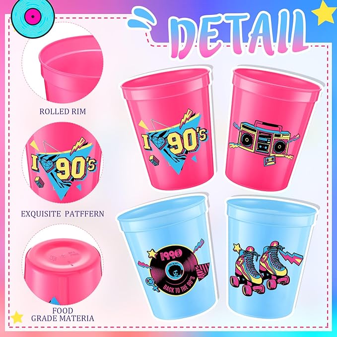 24 Pcs 90s Theme Cups 16 oz Reusable Thick Retro Disco Party Plastic Drinking Cup Rose Red and Blue Retro Music Throwback Dance Party Decorations Birthday Supplies
