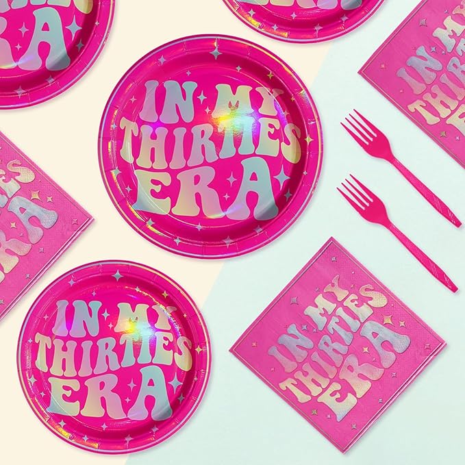 96Pcs In My Thirties Era Plates and Napkins 350GSM Holographic Rainbow 30th Birthday Decoration Hot Pink Tableware Set Singer In My Thirties Era Decoration for Fans Women 30th Birthday Party Serves 24