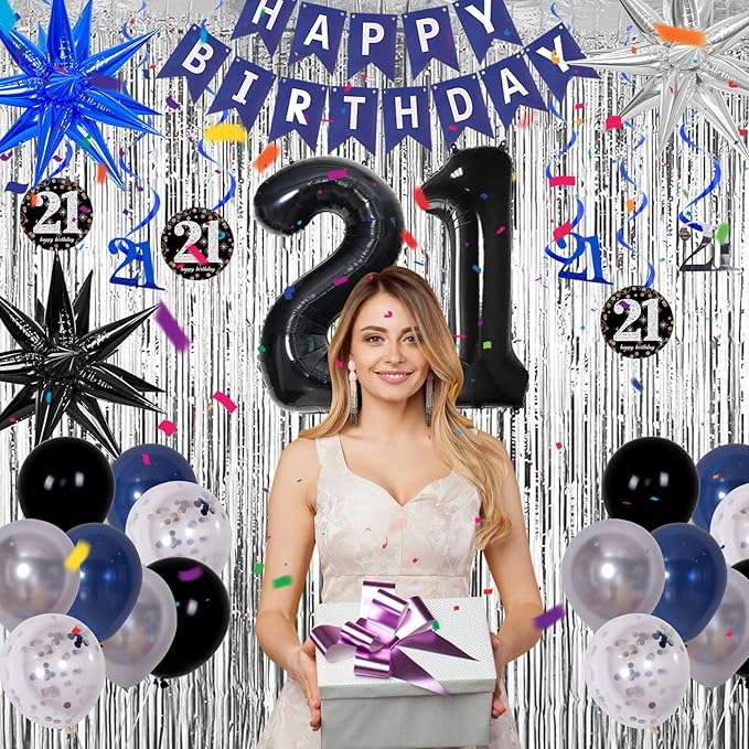 21st Birthday Decorations for Him Her Dark Blue, Happy 21st Birthday Decorations for Men Women with Banner 21 Balloon Number Tablecloth Foil Star Balloons Garland Arch Kit-21 Years Old Party Supplies