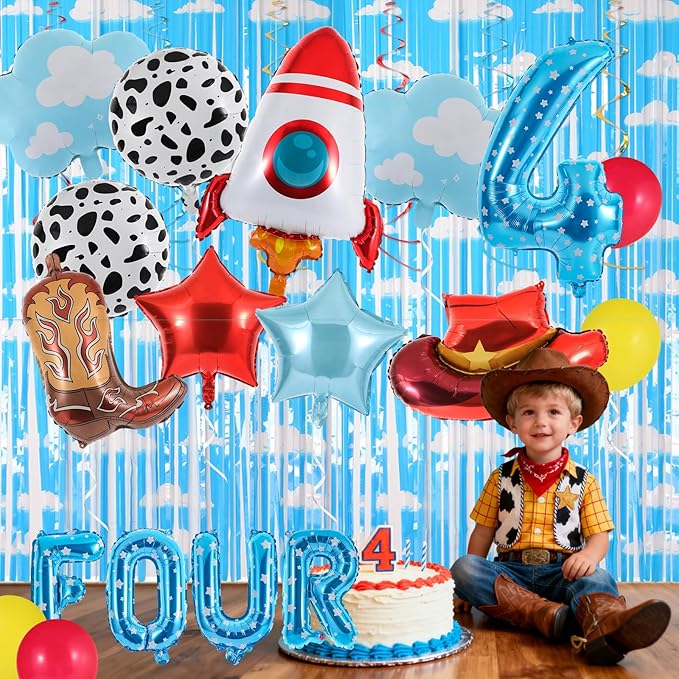 18Pcs Toy Themed Party Decorations Cartoon 4th Birthday Decorations Blue Sky White Clouds Cowboy Hat Boots Rocket Balloons Reach Four The Sky Toy Inspired Birthday Party Supplies